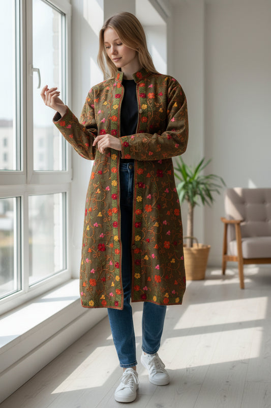 Womenโs Woolen Long Coat โ Elegant Winter Wear - Grey