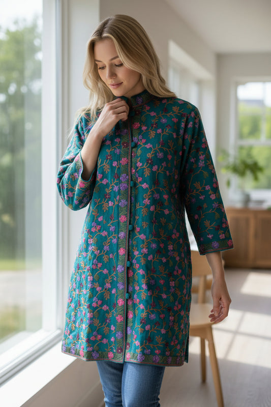 Womenโs Woolen Long Coat โ Elegant Winter Wear - Turquoise