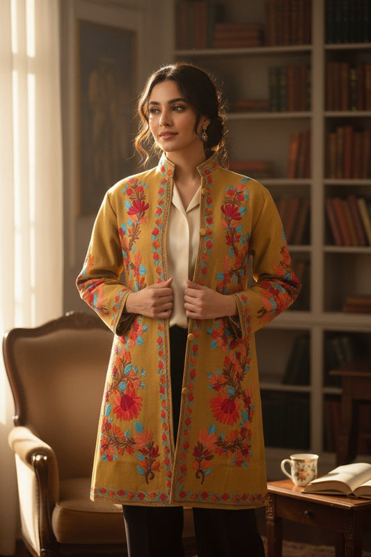 Women’s Woolen Long Coat – Elegant Winter Wear - Mustard