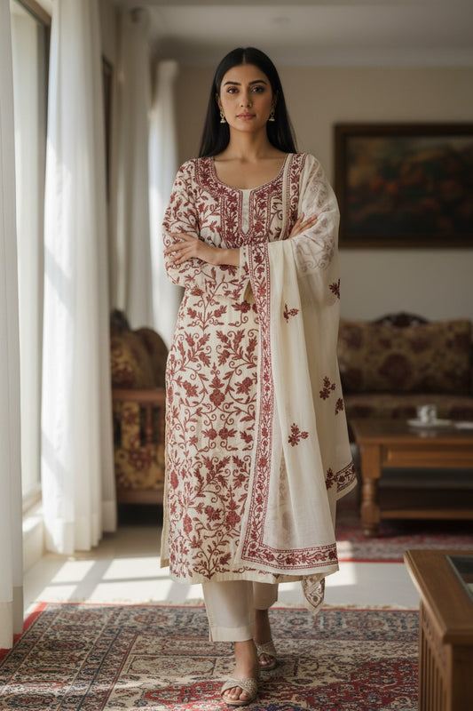 Women Georgette Aari Embroidered suits - Cream