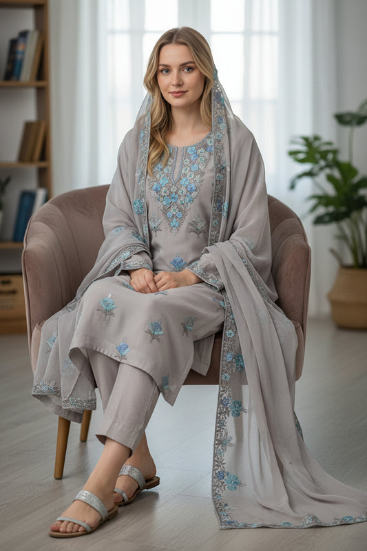 Women Georgette Aari Embroidered suits - Light Grey