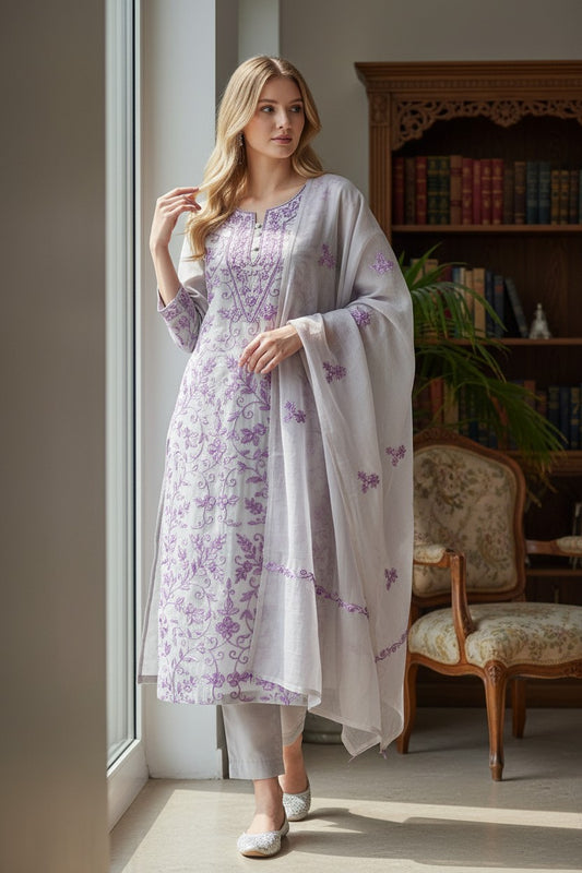 Women Georgette Aari Embroidered suits - Light Cream Beige