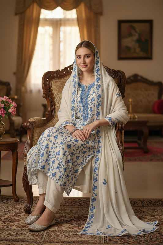 Women Georgette Aari Embroidered suits - OffWhite