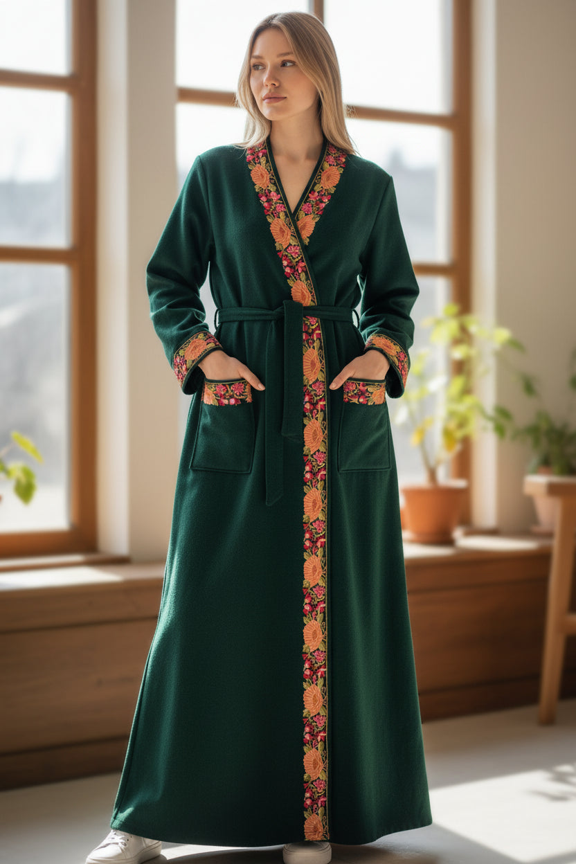 Women Woolen Nightgown Dressing Gown Maxi with Kashmiri Embroidery Free Size (Pure Wool, Green)