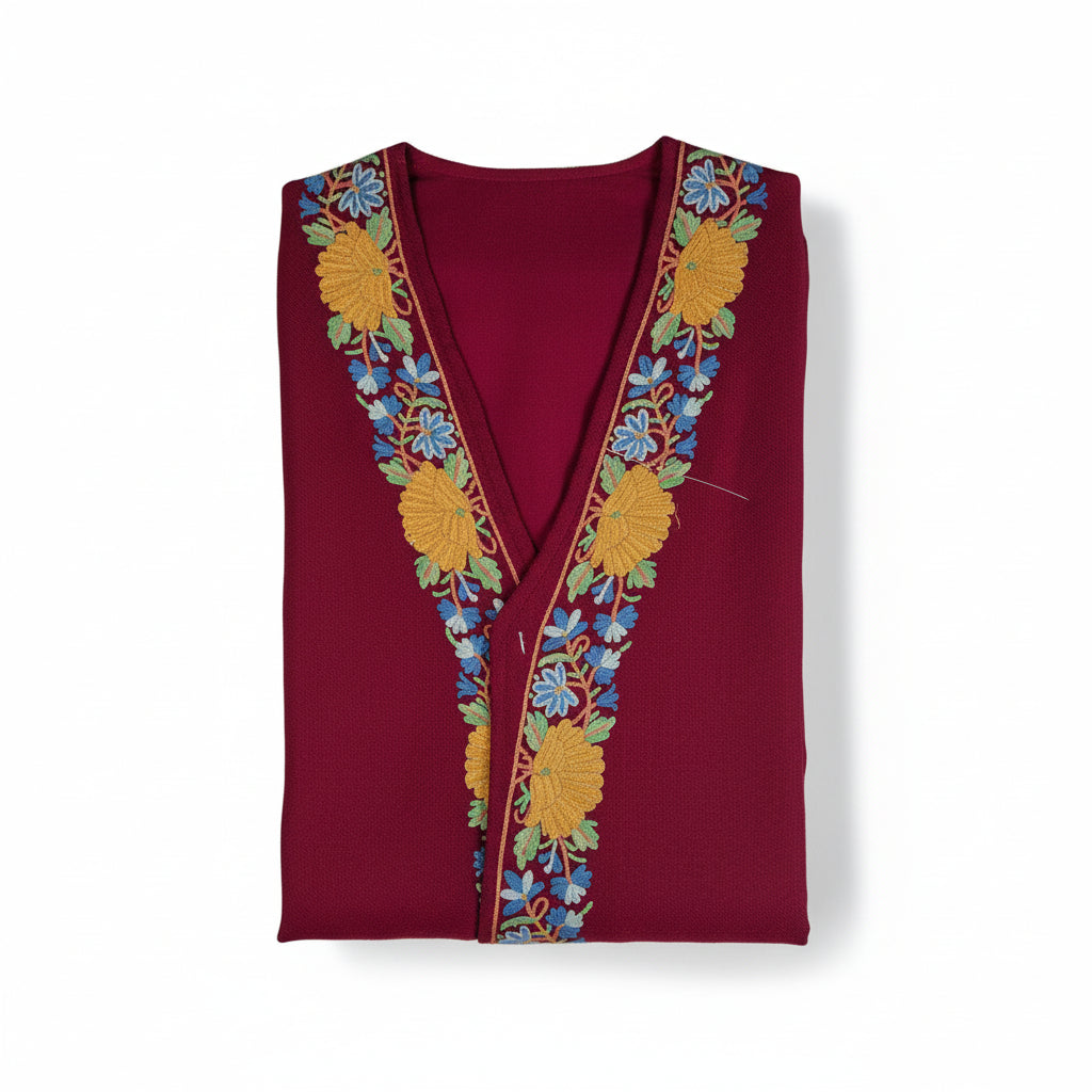Women Woolen Nightgown Dressing Gown Maxi with Kashmiri Embroidery Free Size (Pure Wool, Maroon)