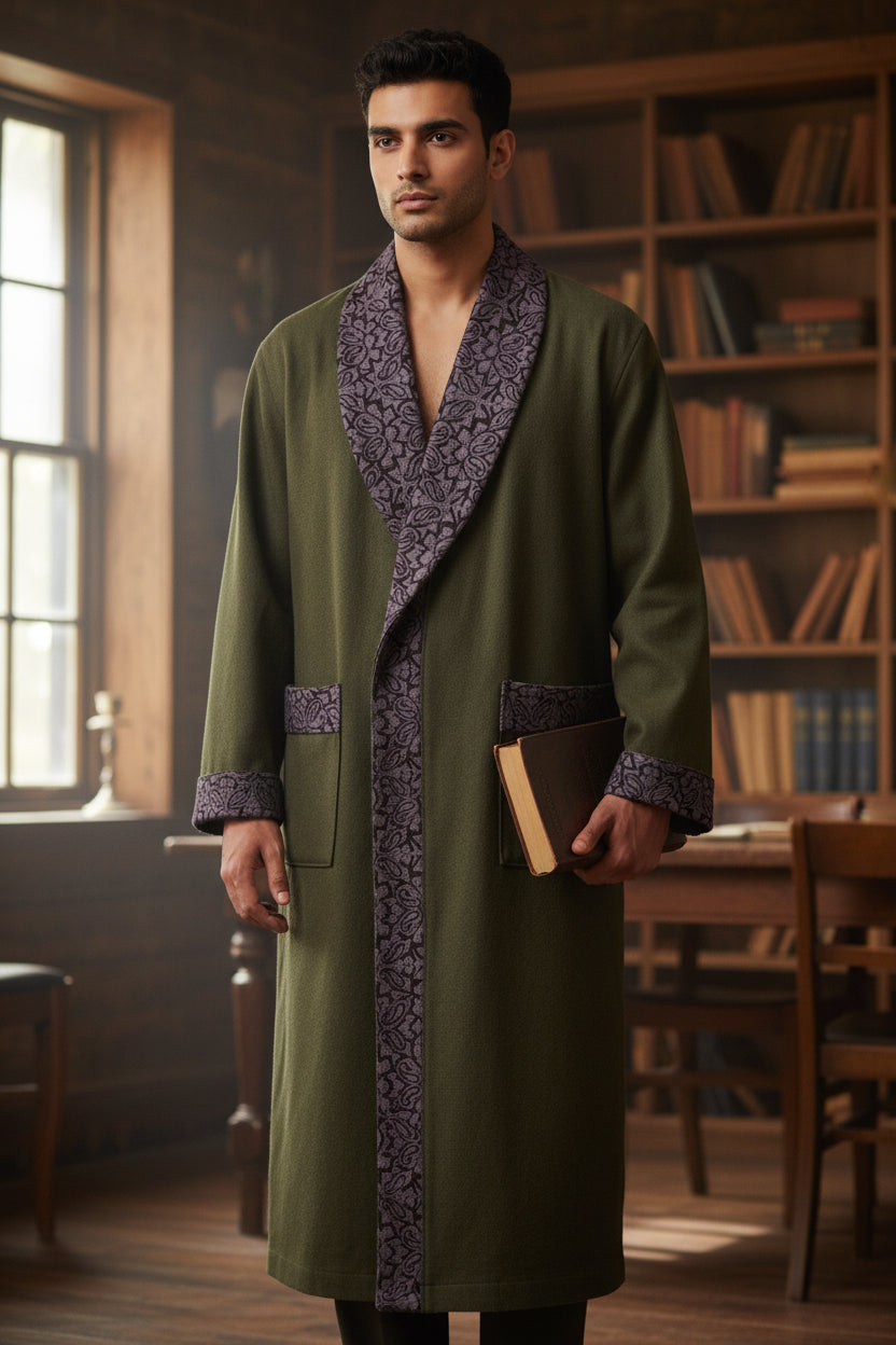 Men Woolen Nightgown Dressing Gown Sleep And Lounge Wear With Kashmiri Embroidery Free Size - Dark Grey