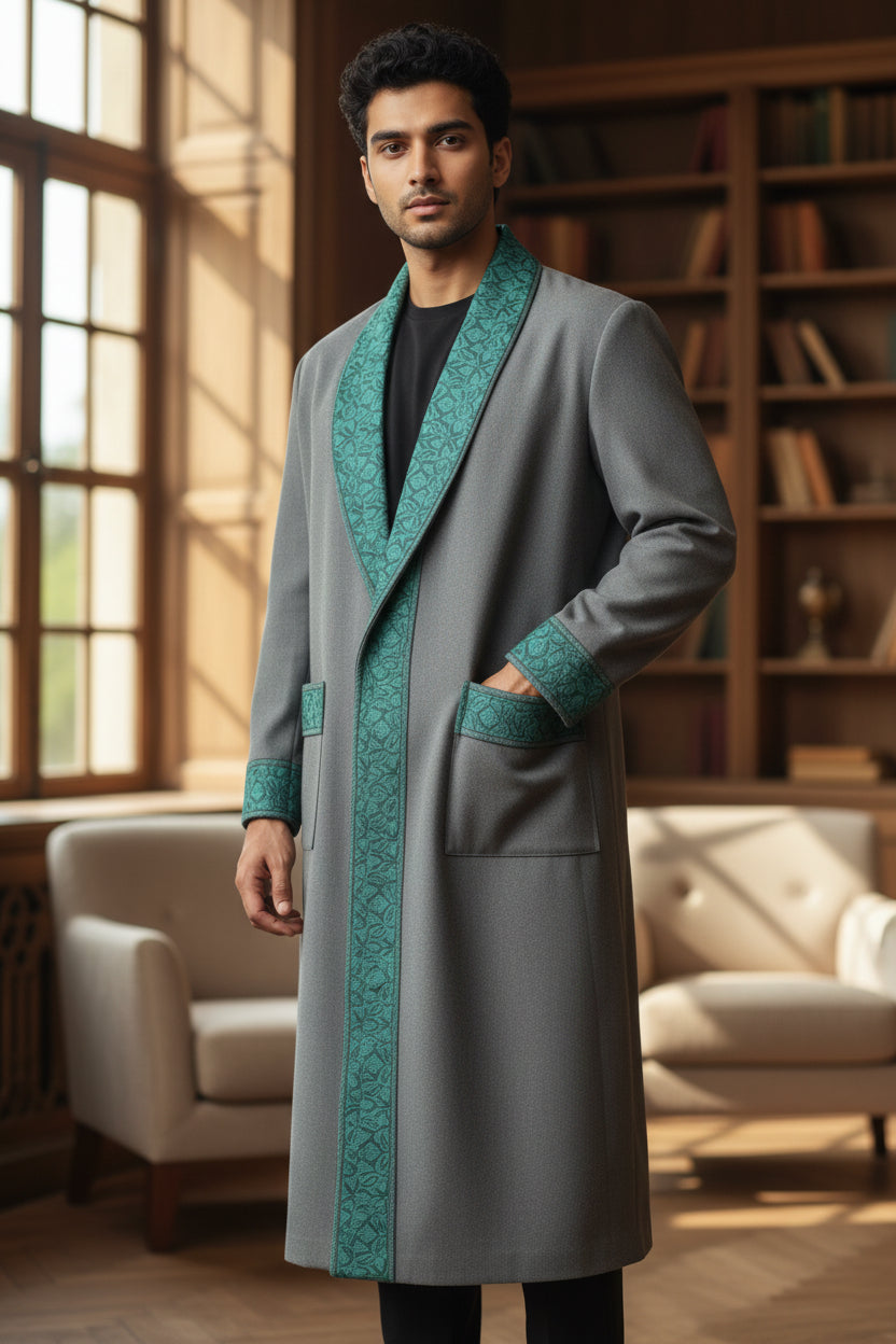 Men Woolen Nightgown Dressing Gown Sleep And Lounge Wear With Kashmiri Embroidery Free Size - Light Blue