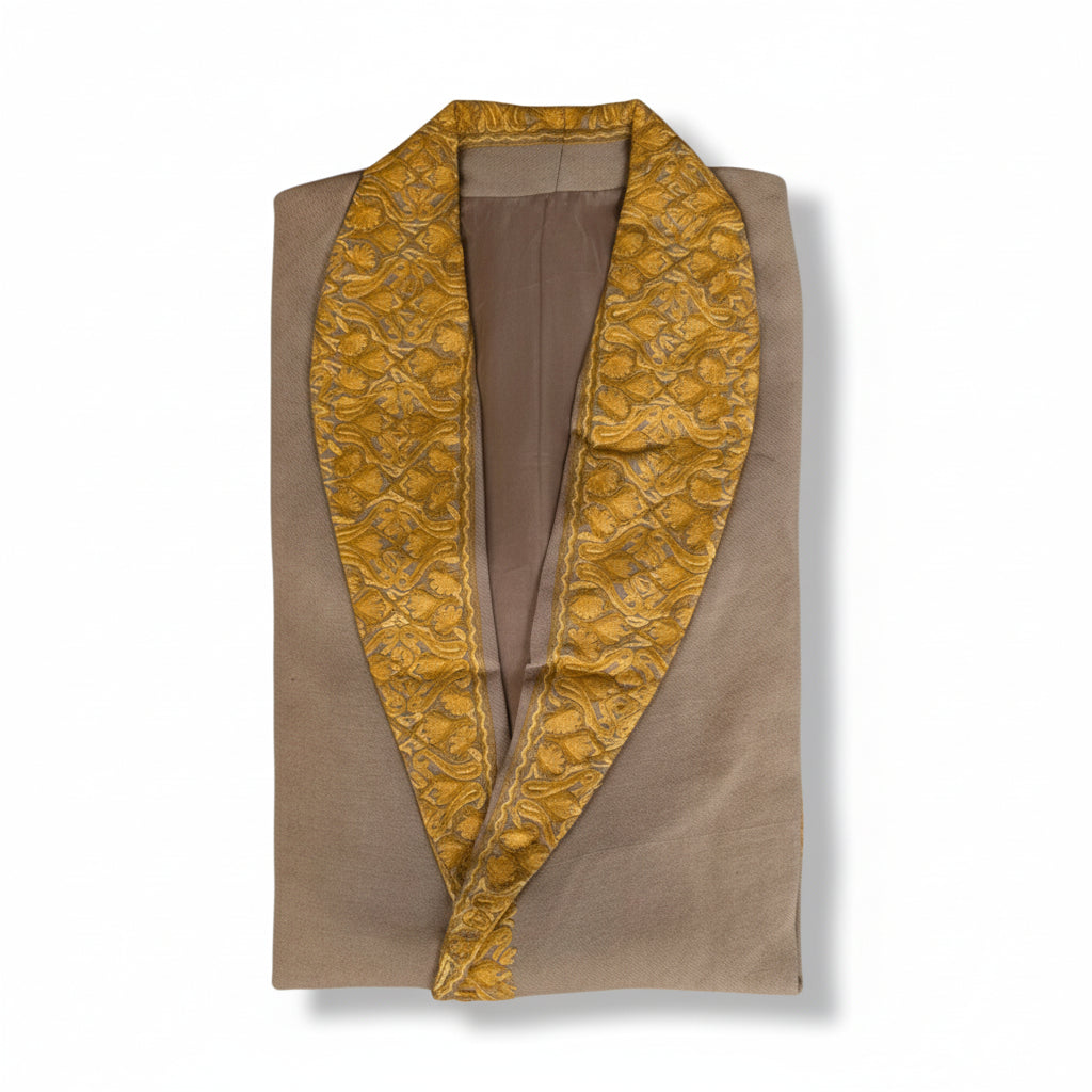 Men Woolen Nightgown Dressing Gown Sleep And Lounge Wear With Kashmiri Embroidery Free Size - Beige6