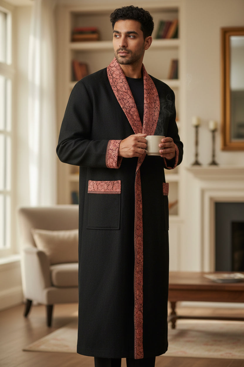Men Woolen Nightgown Dressing Gown Sleep And Lounge Wear With Kashmiri Embroidery Free Size -Black-10