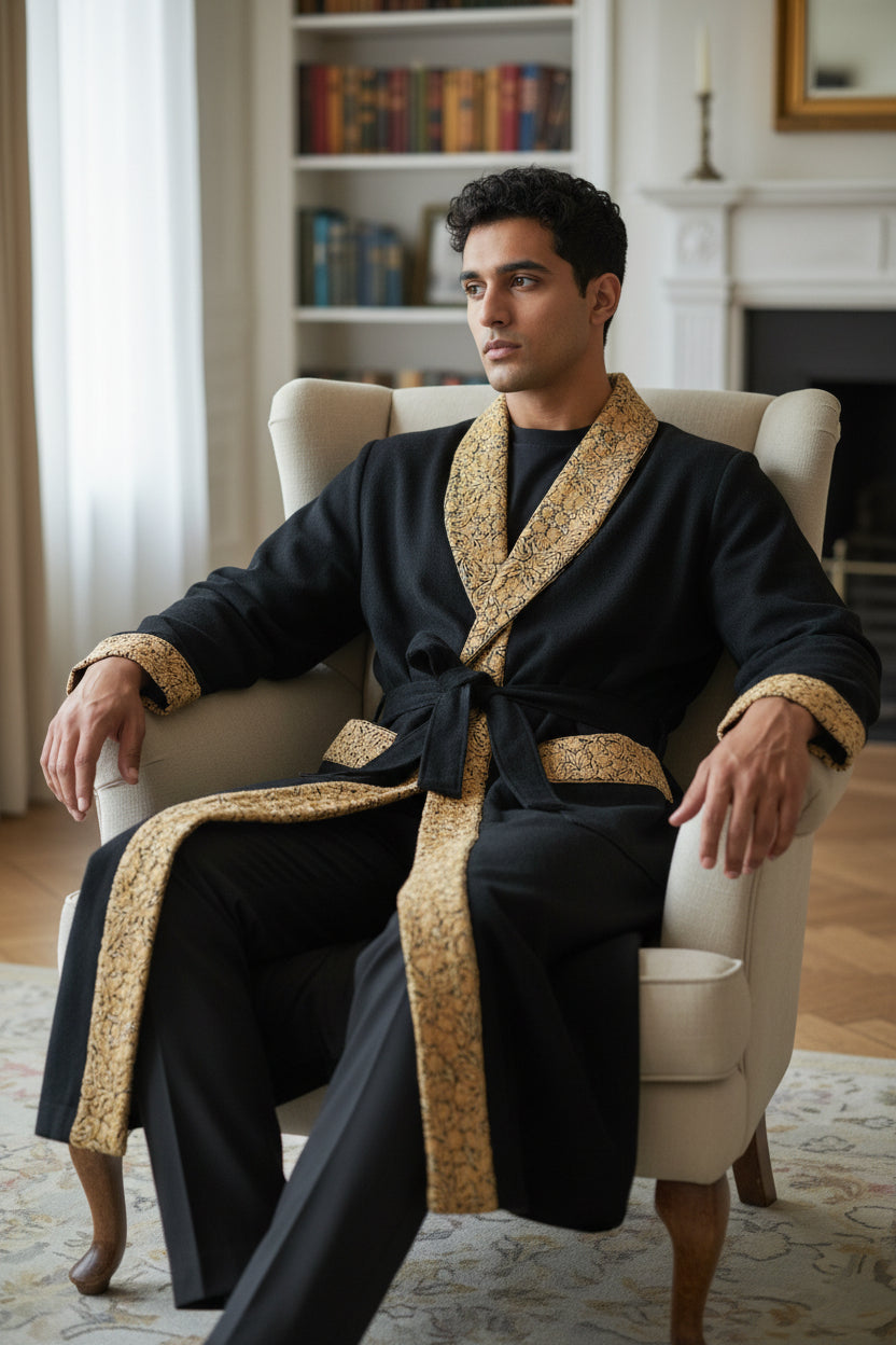 Men Woolen Nightgown Dressing Gown Sleep And Lounge Wear With Kashmiri Embroidery Free Size - Black9