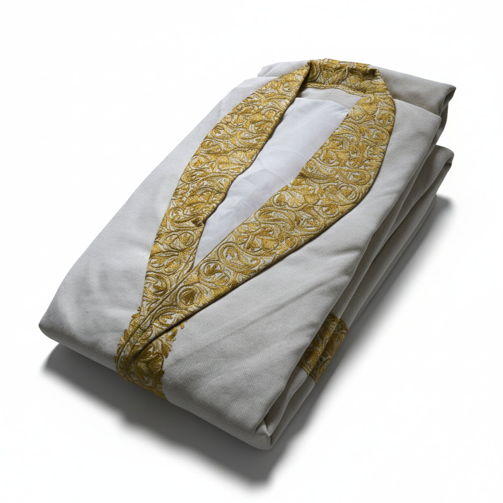 Men Woolen Nightgown Dressing Gown Sleep And Lounge Wear With Kashmiri Embroidery Free Size - White2