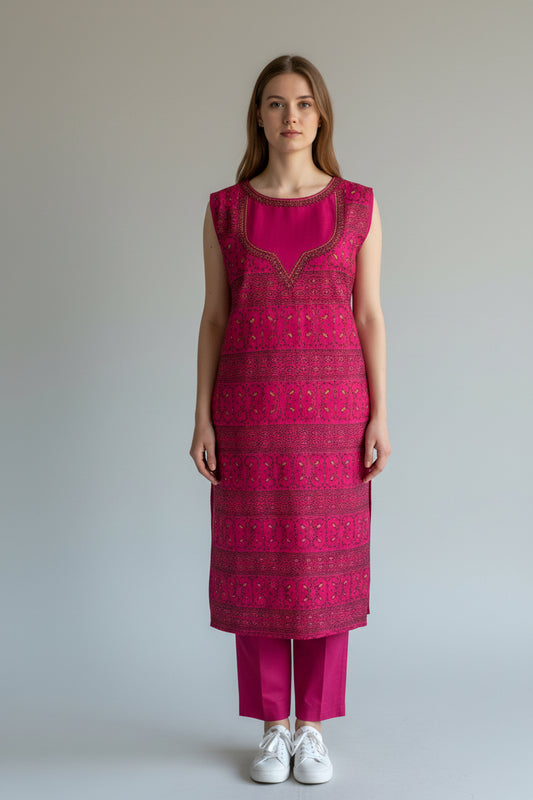 Women Cotton Suits with Kashmiri Hand Sozni Embroidery Two Piece Suit - Tomato Red