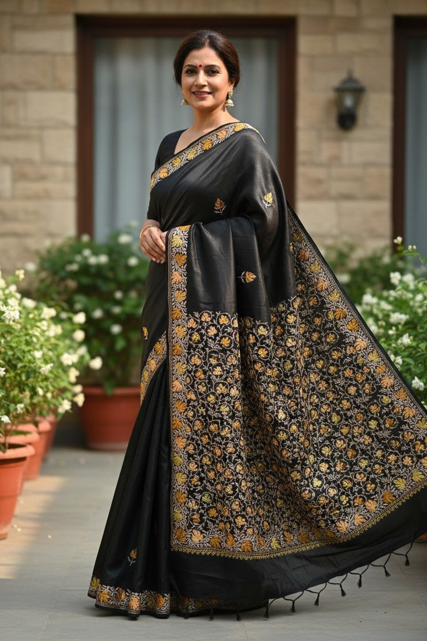 Women's Silk Sarees with Kashmiri Aari Embroidery | Stylish Saree with Unstitched Blouse Pieces. - Black2