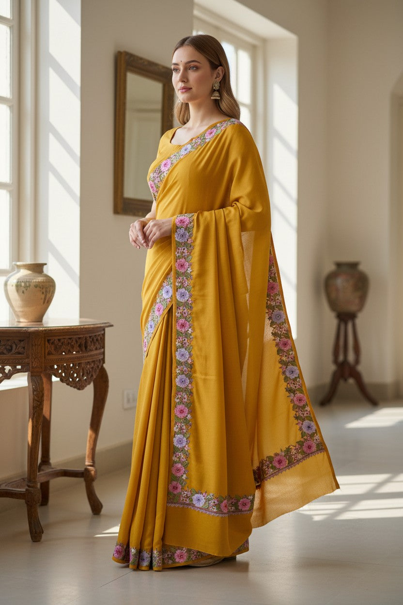 Women's Sarees with Kashmiri Aari Embroidery | Crepe Saree with Unstitched Blouse Pieces. - Mustard