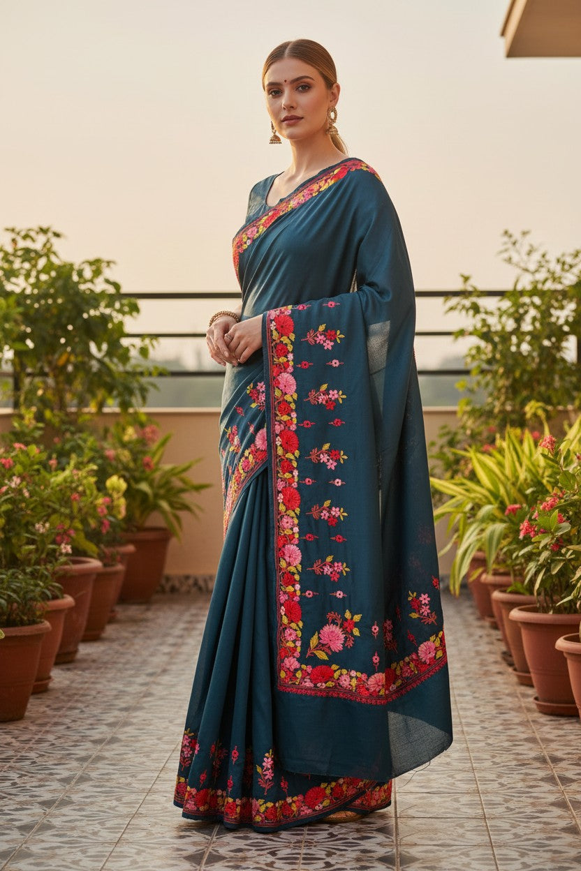 Women's Sarees with Kashmiri Aari Embroidery | Crepe Saree with Unstitched Blouse Pieces. - Deep Teal