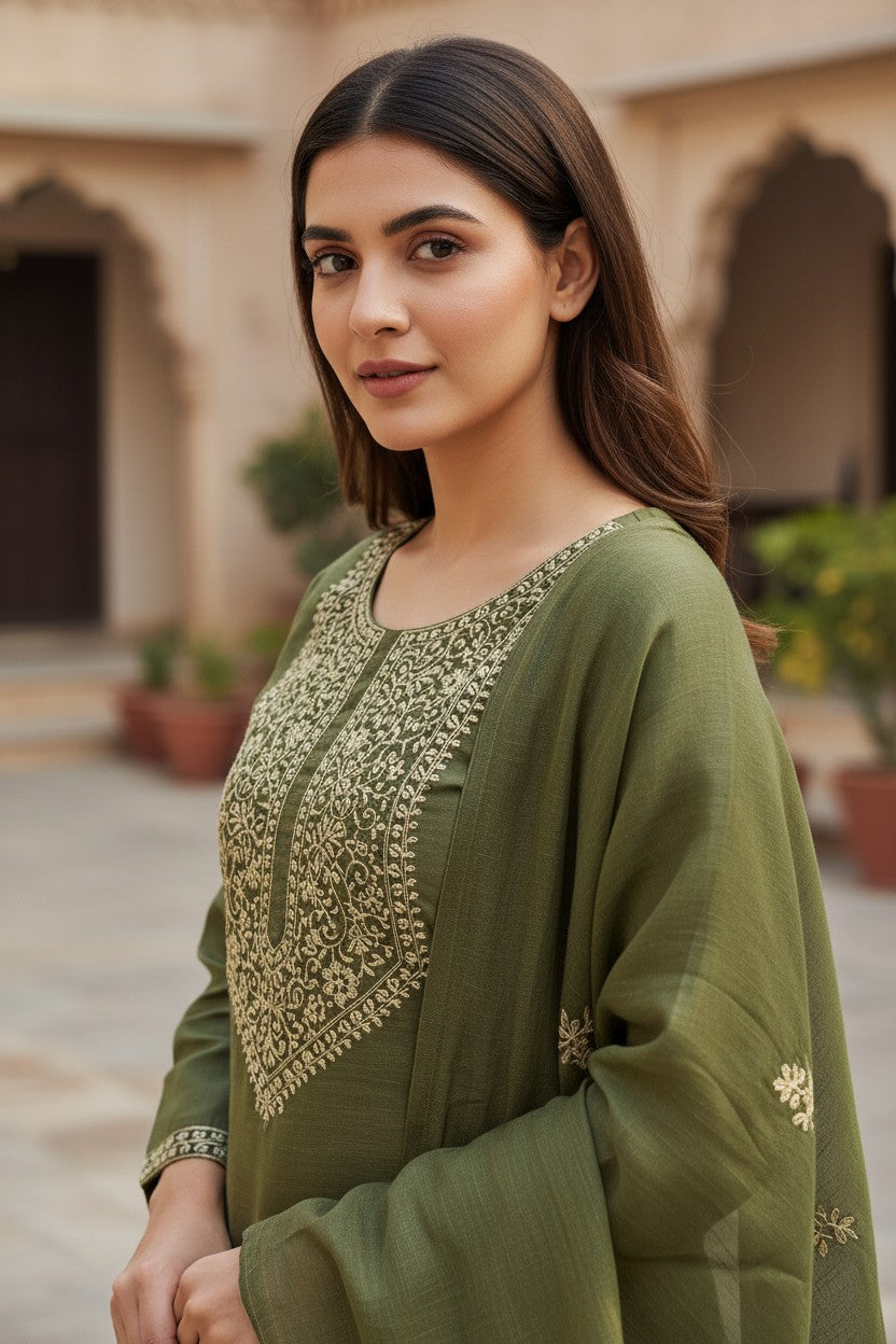 Women Cotton Suits with Kashmiri Embroidery Unstitched Dress Material Salwar Suits (Light Green)