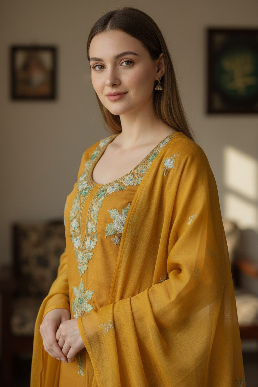 Women Cotton Suits with Kashmiri Embroidery Unstitched Dress Material Salwar Suits -Mustard (Copy)
