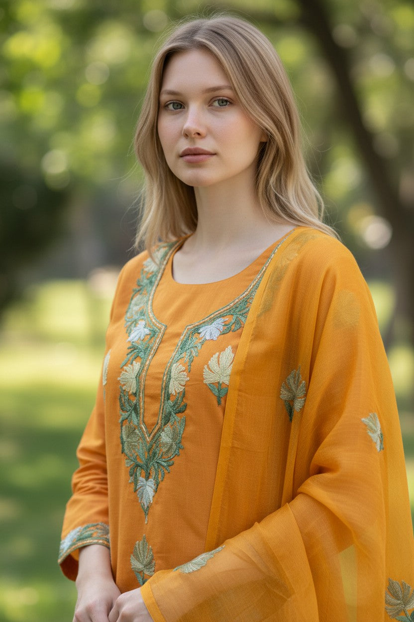 Women Cotton Suits with Kashmiri Embroidery Unstitched Dress Material Salwar Suits -Mustard