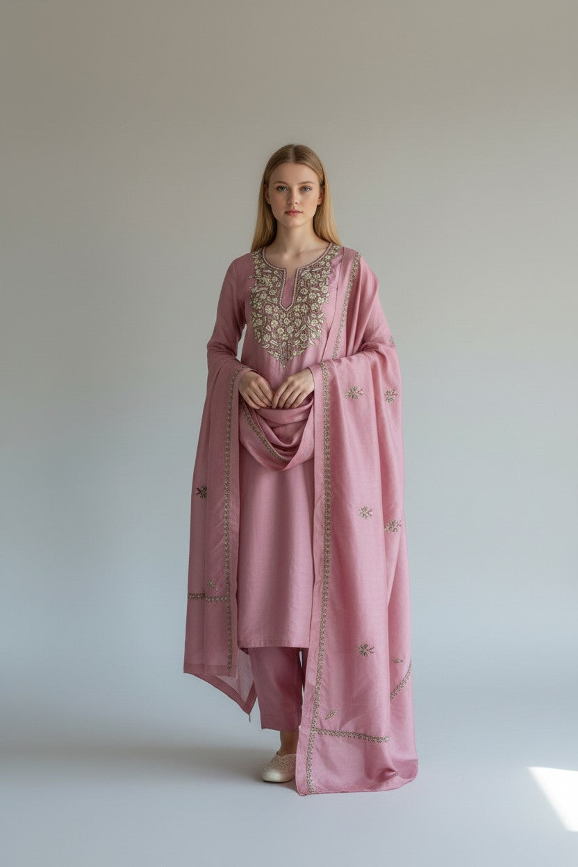 Women Silk Suits with Kashmiri Embroidery Three Piece Suit - Pink2