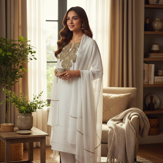 Women Silk Suits with Kashmiri Embroidery Unstitched Dress Material Salwar Suits - White