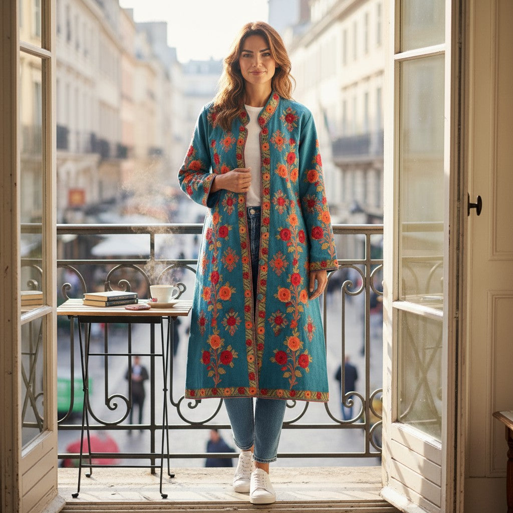 Women’s Woolen Long Coat – Elegant Winter Wear -Turquoise