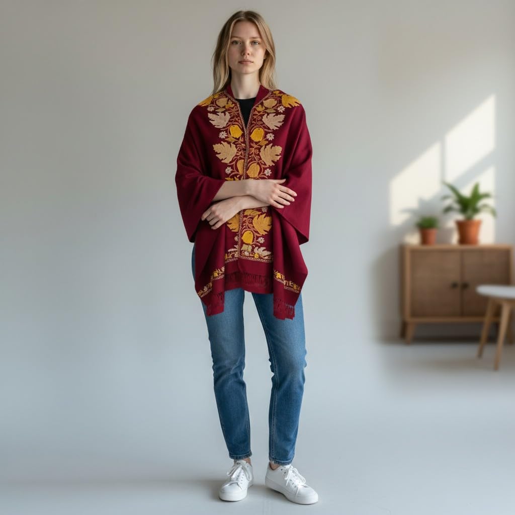 Kashmiri Woolen Ethenic Shrugs, Ponchu - Maroon
