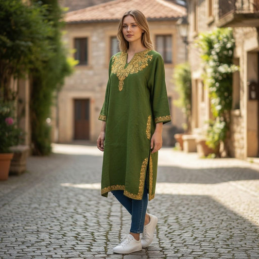 Kashmiri Woolen Pheran with Traditional Aari Embroidery - Parrot Green