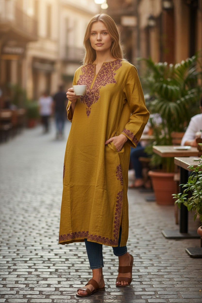 Kashmiri Woolen Pheran with Traditional Aari Embroidery - Mustard