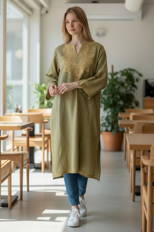 Kashmiri Woolen Pheran with Traditional Aari Embroidery - Light Green