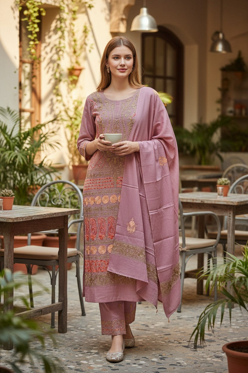 Women Woolen Kashmiri Suits Semi Pashmina Aari Embroidery - Pink