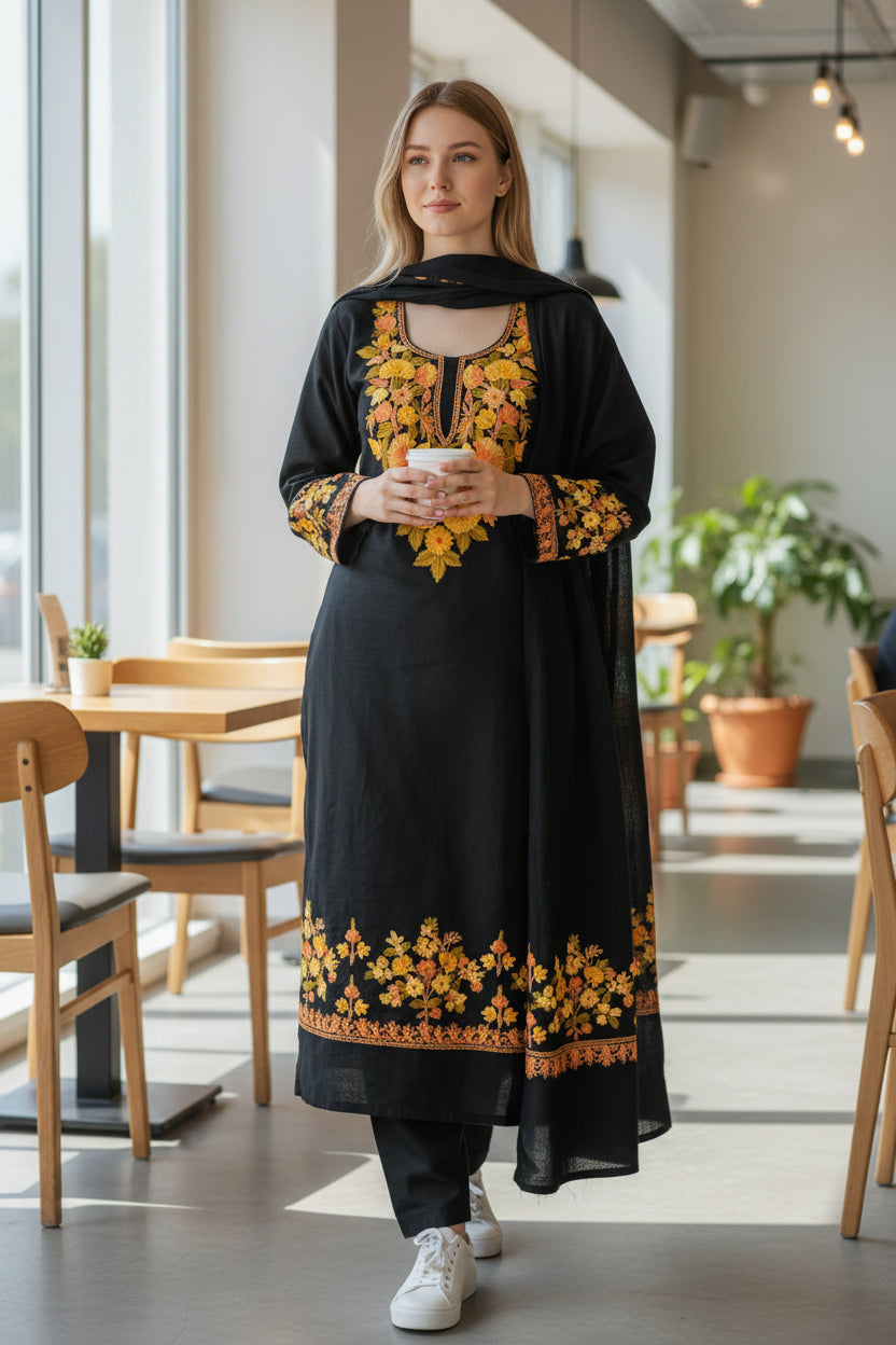 Women Woolen Kashmiri Suits Semi Pashmina Aari Embroidery - Black