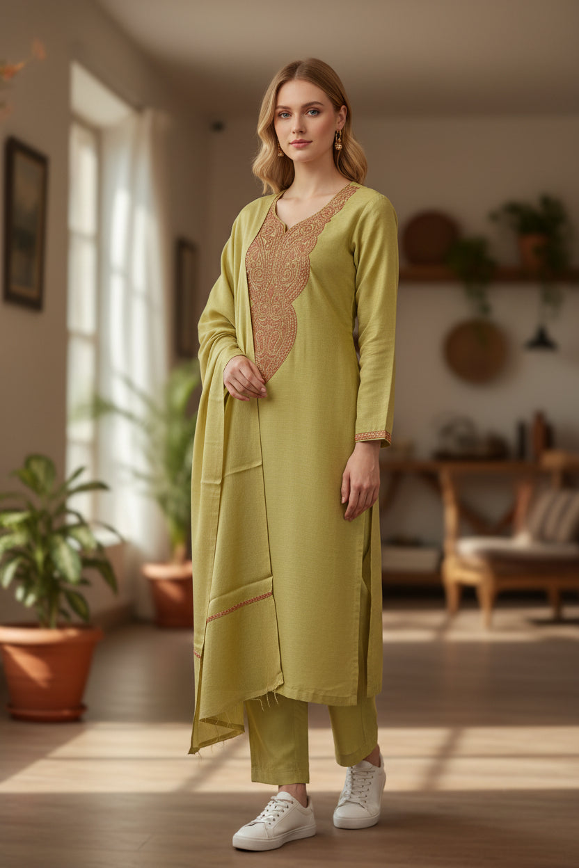 Kashmir Gallery Women Woolen Kashmiri Suits Semi Pashmina - Lemon