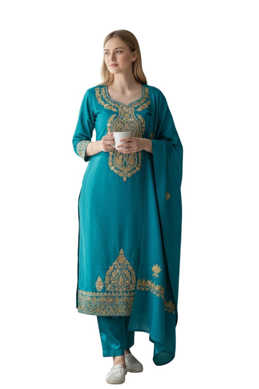 Women Woolen Kashmiri Suits Semi Pashmina Aari Embroidery - Turquoise