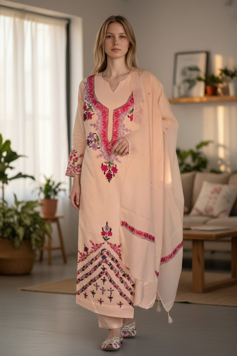 Women Woolen Kashmiri Suits Semi Pashmina Aari Embroidery - White