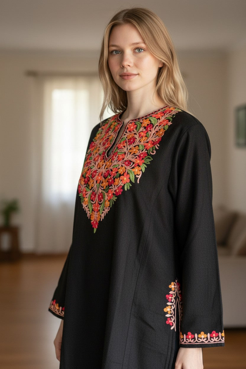 Kashmiri Woolen Pheran with Traditional Aari Embroidery - Black