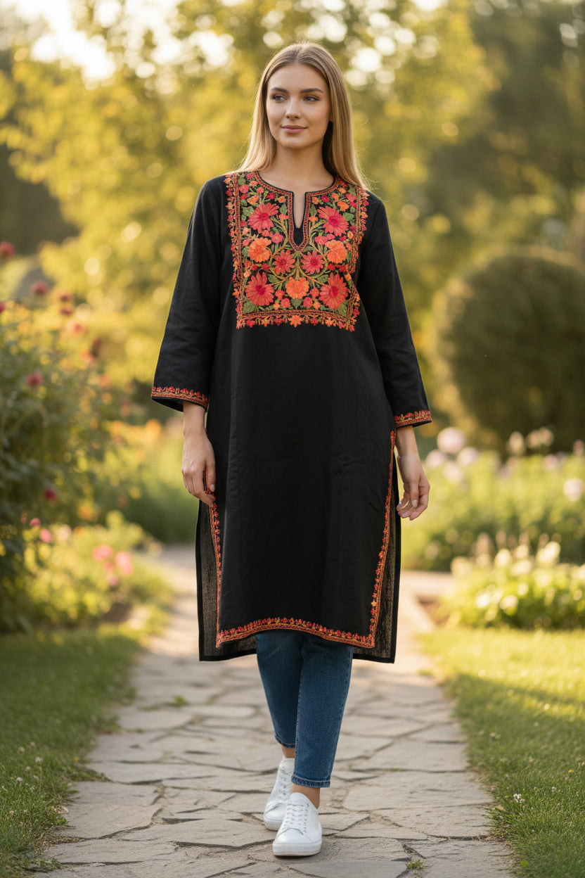 Kashmiri Woolen Pheran with Traditional Aari Embroidery - Black