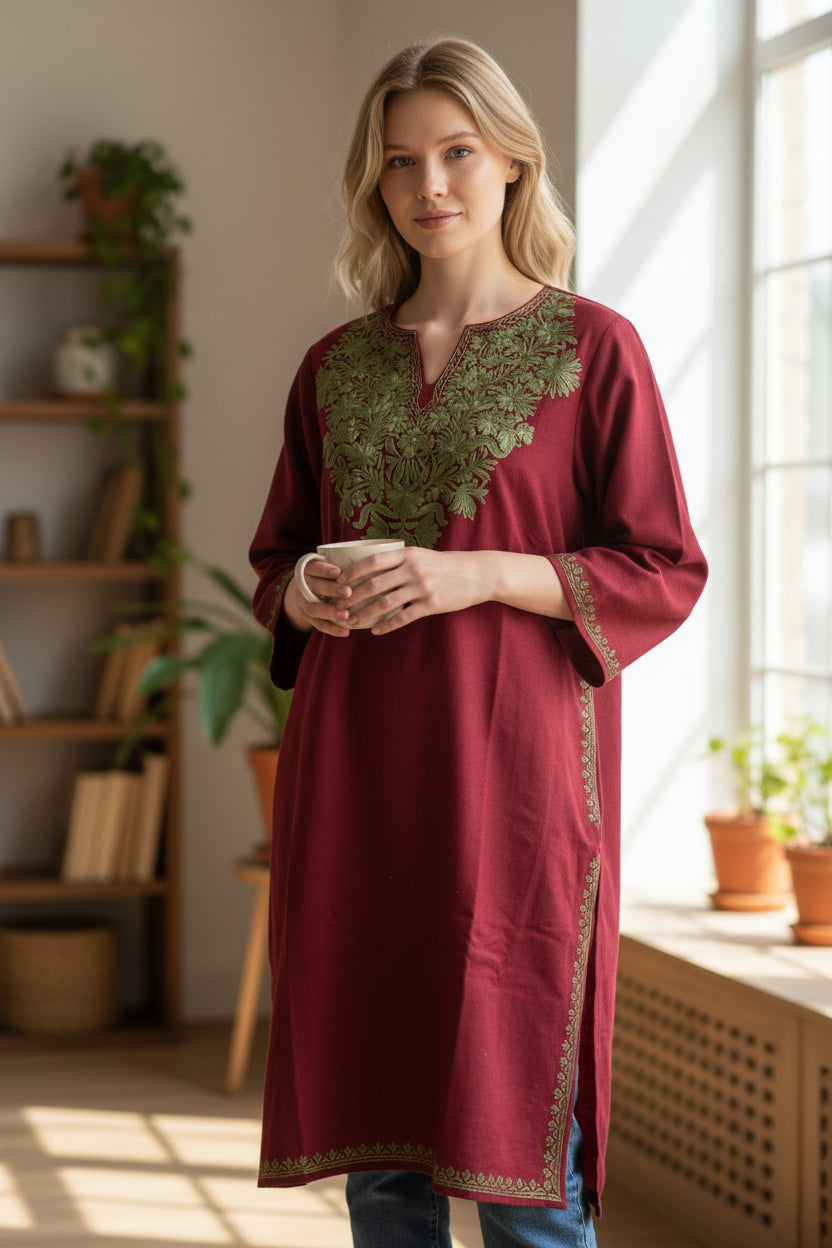 Kashmiri Woolen Pheran with Traditional Aari Embroidery - Maroon