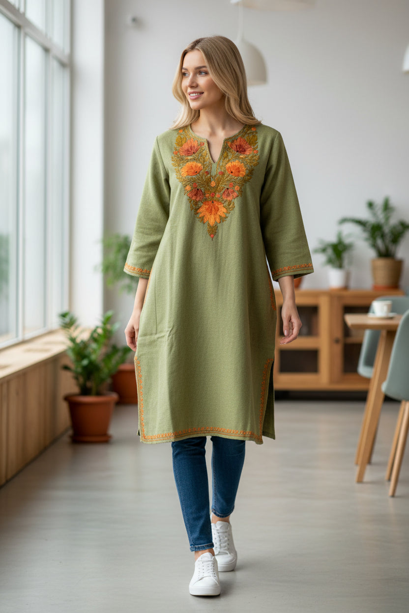 Kashmiri Woolen Pheran with Traditional Aari Embroidery - Sea Green