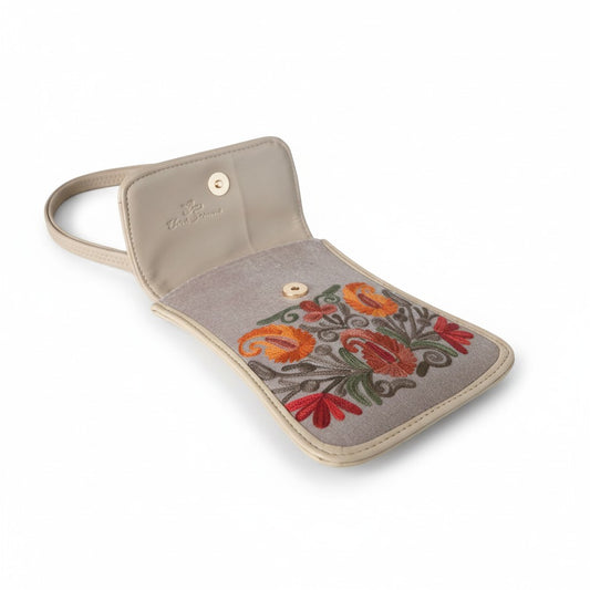 Women passport sling bag with kashmiri aari embroidery - Grey