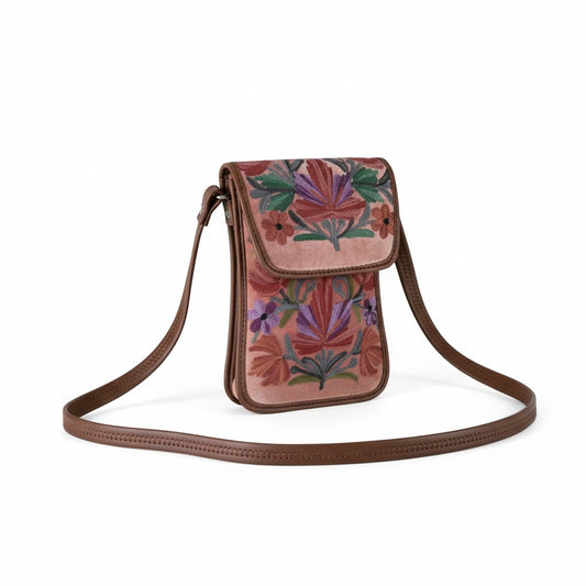 Women passport sling bag with kashmiri aari embroidery - Peach