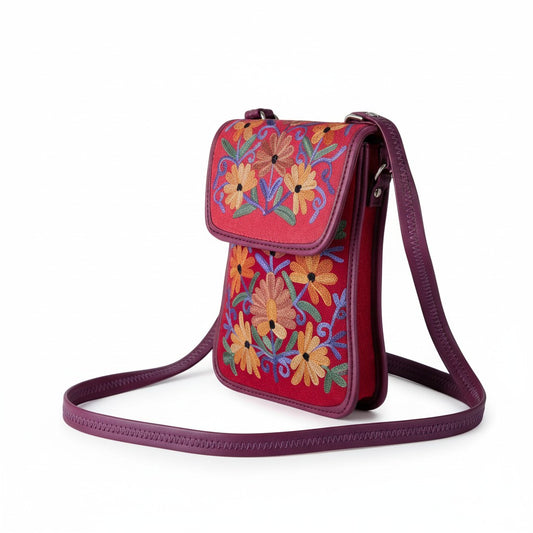 Women passport sling bag with kashmiri aari embroidery - Red