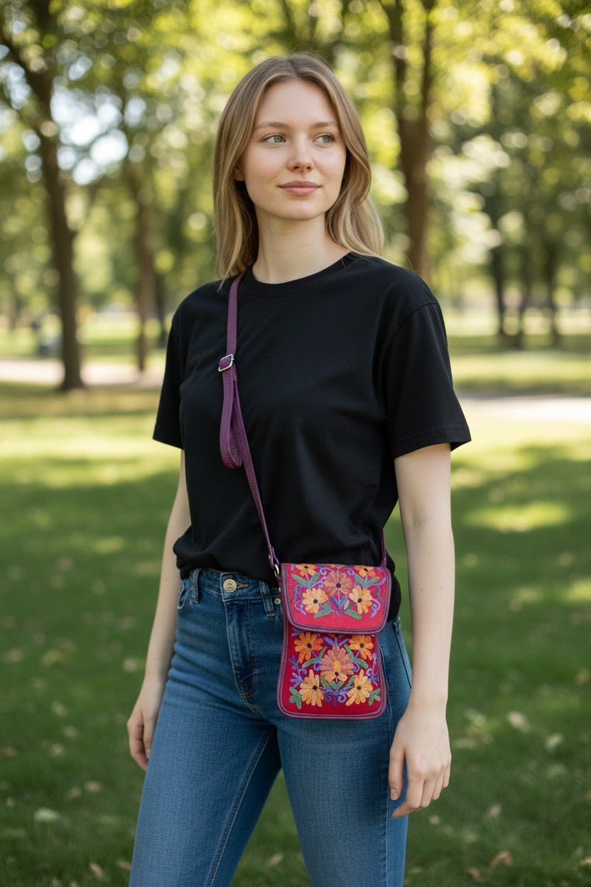 Women passport sling bag with kashmiri aari embroidery - Red