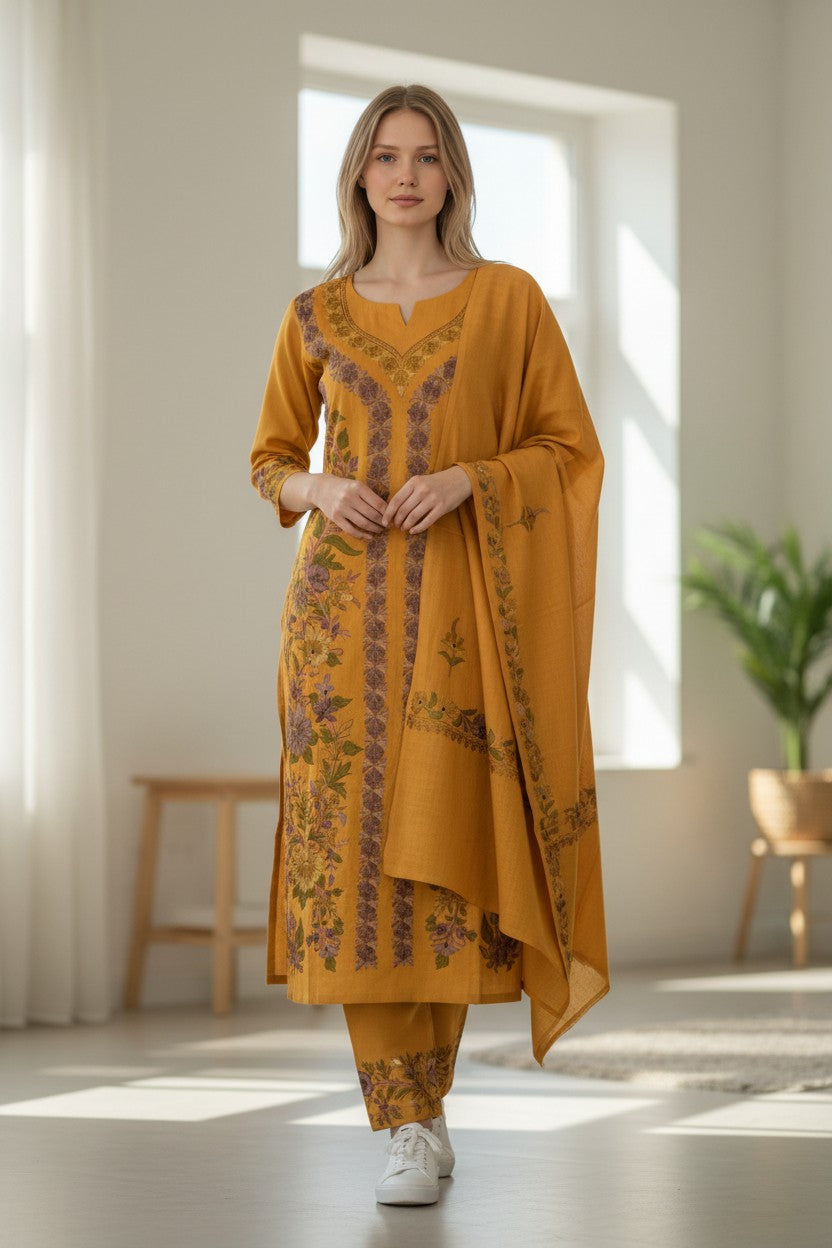 Women Woolen Kashmiri Suits Semi Pashmina Aari Embroidery - Mustard2
