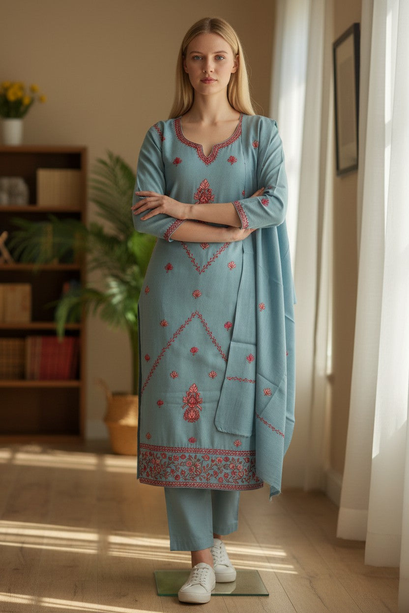 Women Woolen Kashmiri Suits Semi Pashmina Sozni Embroidery - Turquoise
