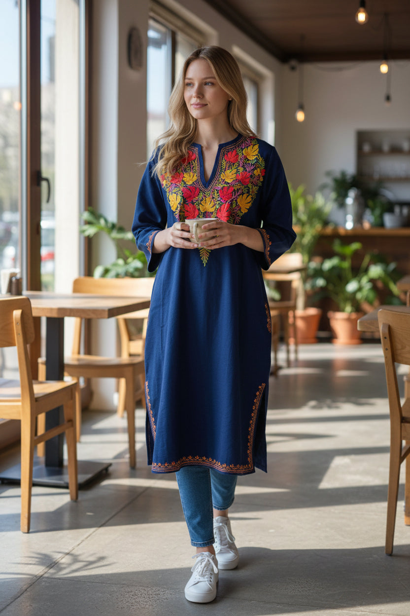 Kashmiri Woolen Pheran with Traditional Aari Embroidery - Blue2
