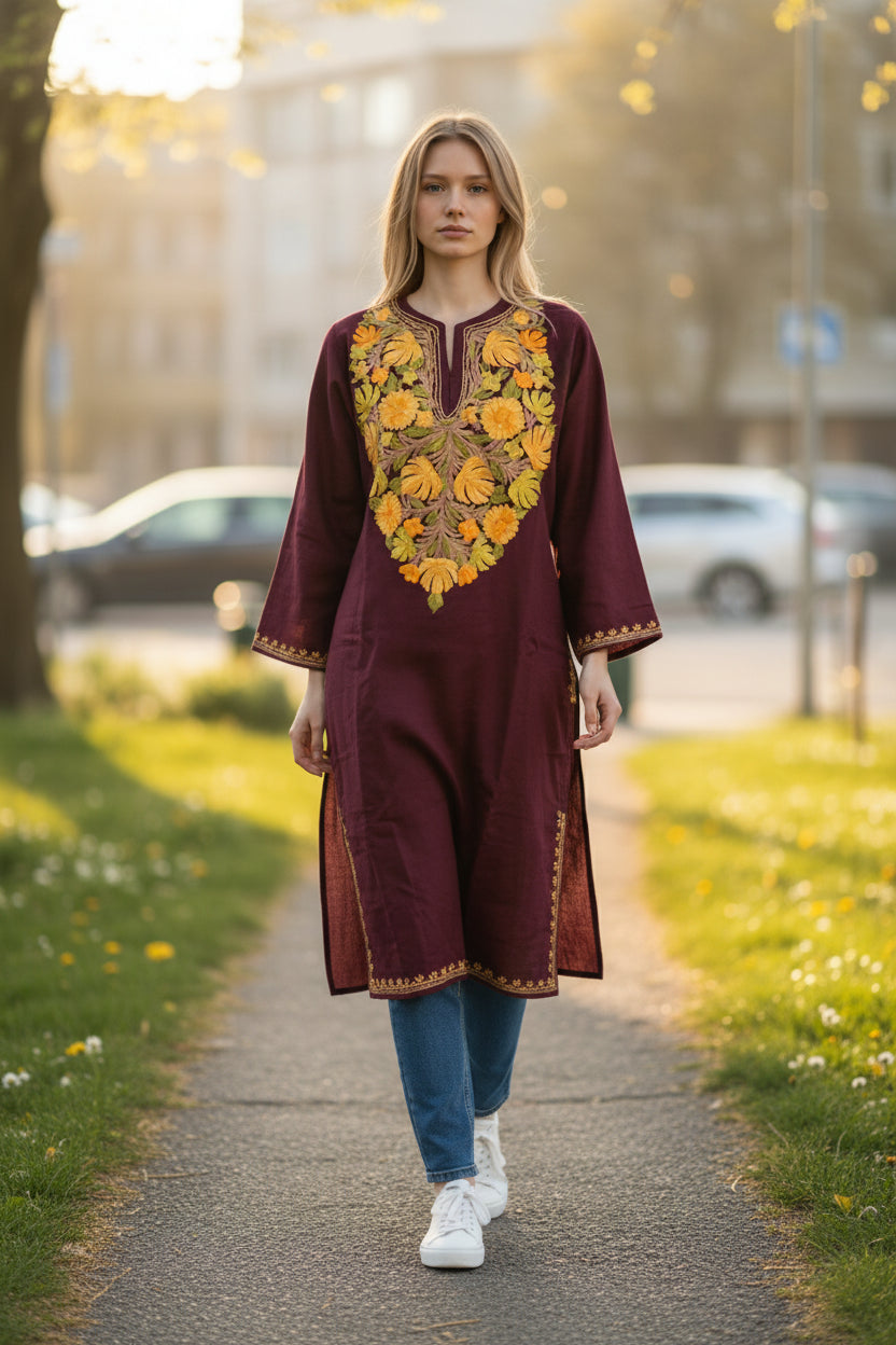 Kashmiri Woolen Pheran with Traditional Aari Embroidery - Maroon2