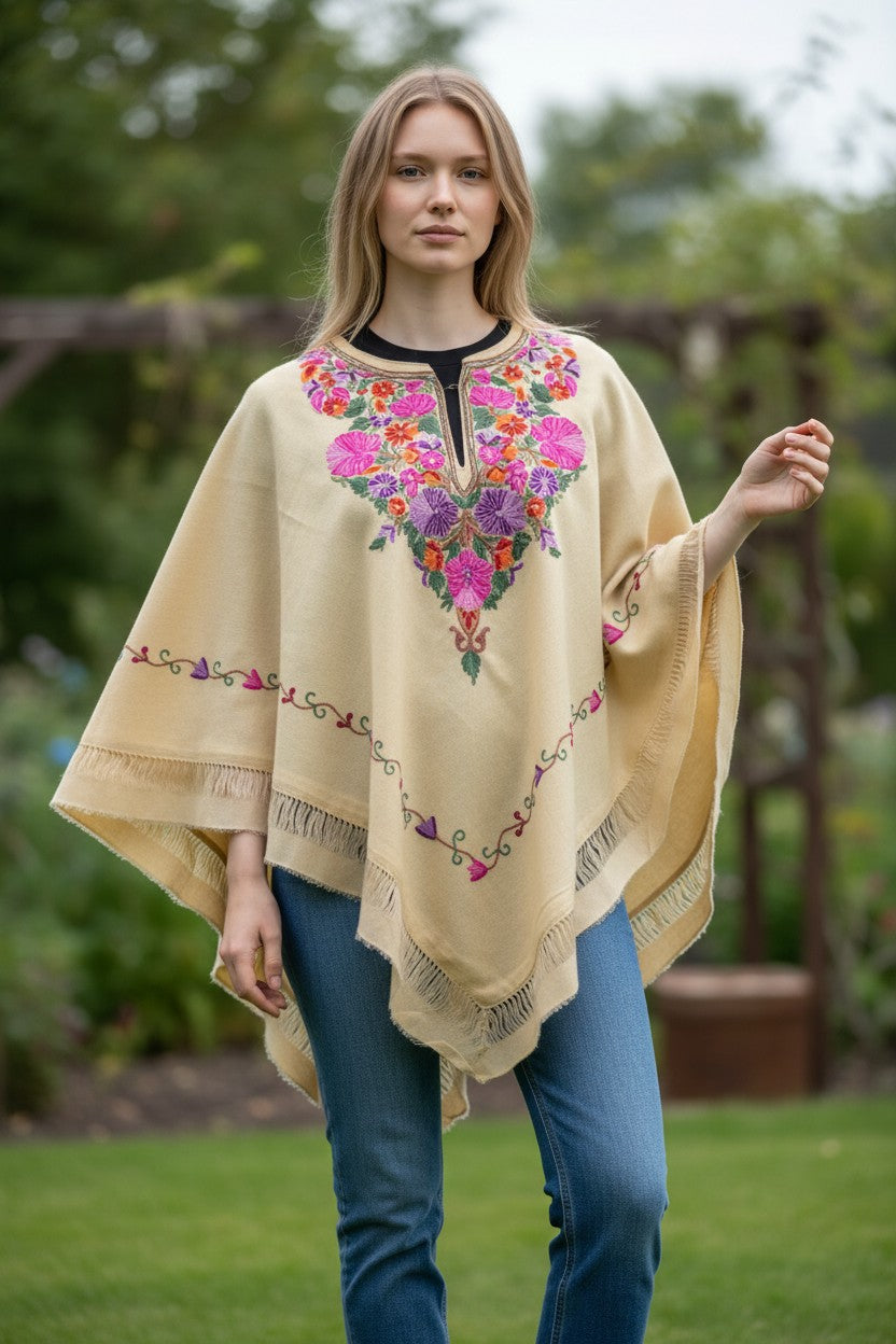 Kashmiri Woolen Ethenic Shrugs, Ponchu - Beige