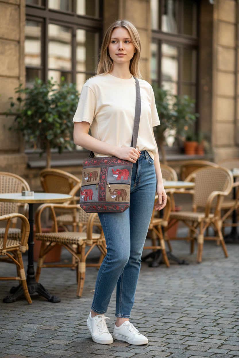 Women suede leather tote strap bag with kashmiri embroidery - Sky Blue