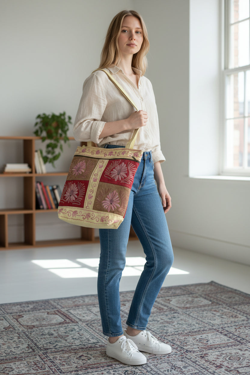 Women suede leather tote strap bag with kashmiri embroidery - OffWhite