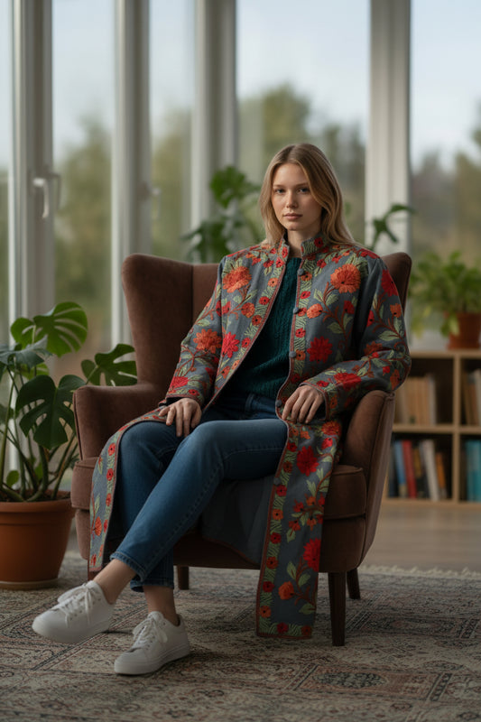 Womenโs Woolen Long Coat โ Elegant Winter Wear - Blue